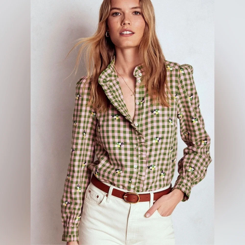 Boden Helena Brushed Cotton Ruffled Gingham and Floral Embroidered Blouse -US 8 - Picture 1 of 11